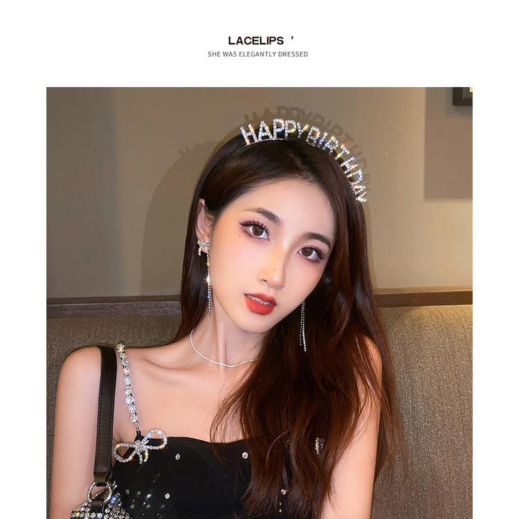 Cài tóc Happy birthday màu bạc đính đá lấp lánh và đáng iu