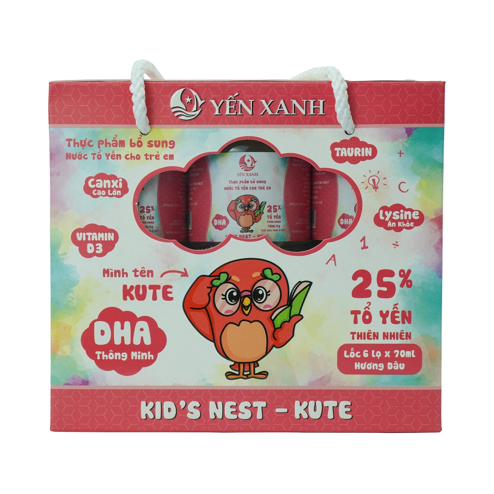 25% tổ yến - Thực phẩm bổ sung: Nước tổ yến chưng dành cho trẻ em Kid's nest - Kute hương dâu - YẾN XANH - Lốc 6 lọ x 70ml