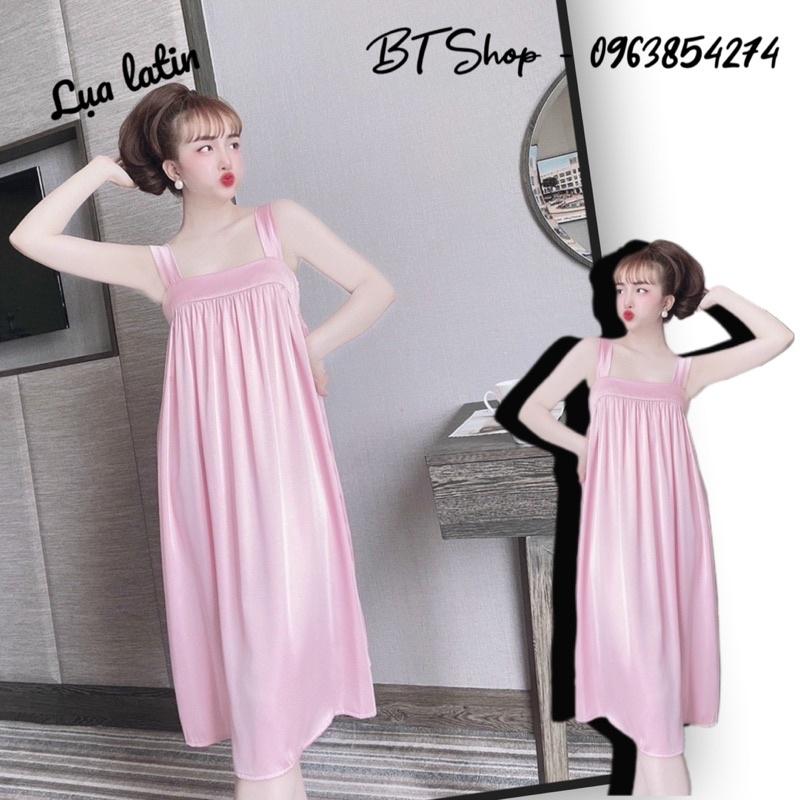 Đầm váy ngủ mặc nhà lụa latin trơn xoè freesize 42-57kg