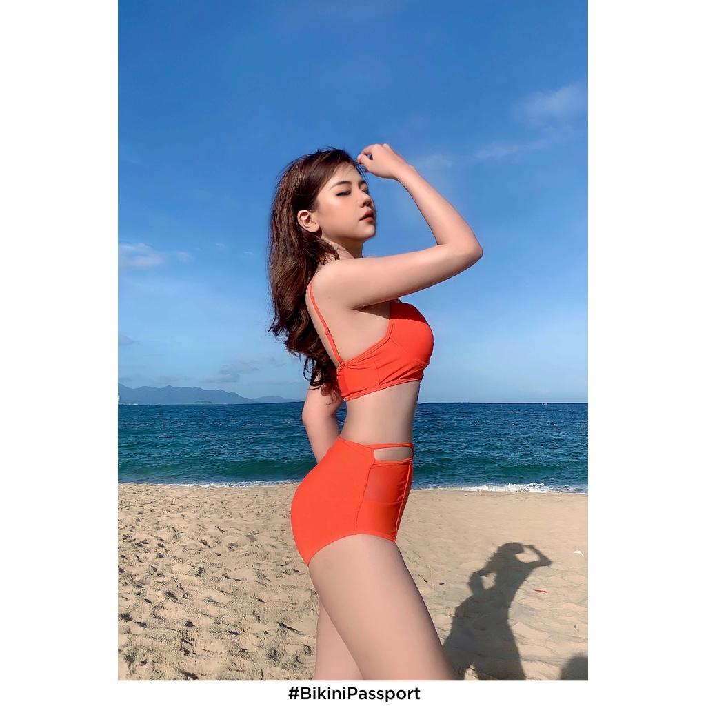 Đồ bơi NỮ BIKINI PASSPORT kiểu Hai mảnh quần lưng cao phối lưới - màu Cam - BS077_OR