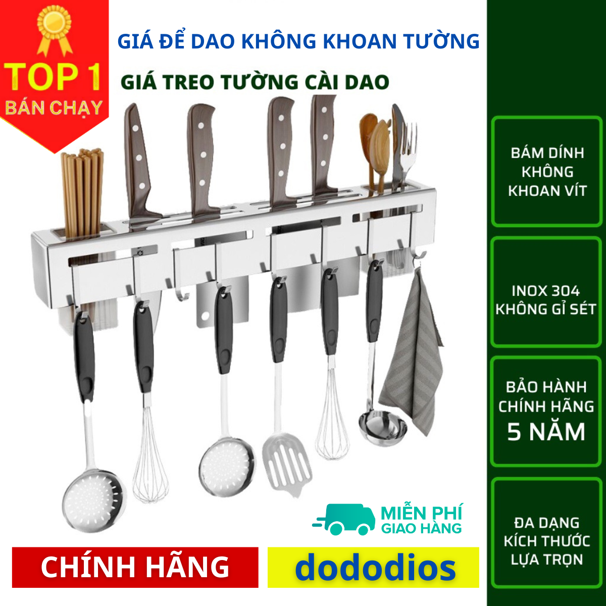 Giá để dao đa năng nhà bếp DoDoDios chất liệu Inox, có ống đựng đũa, thìa tặng thêm miếng dán tường móc treo khăn - Hàng chính hãng