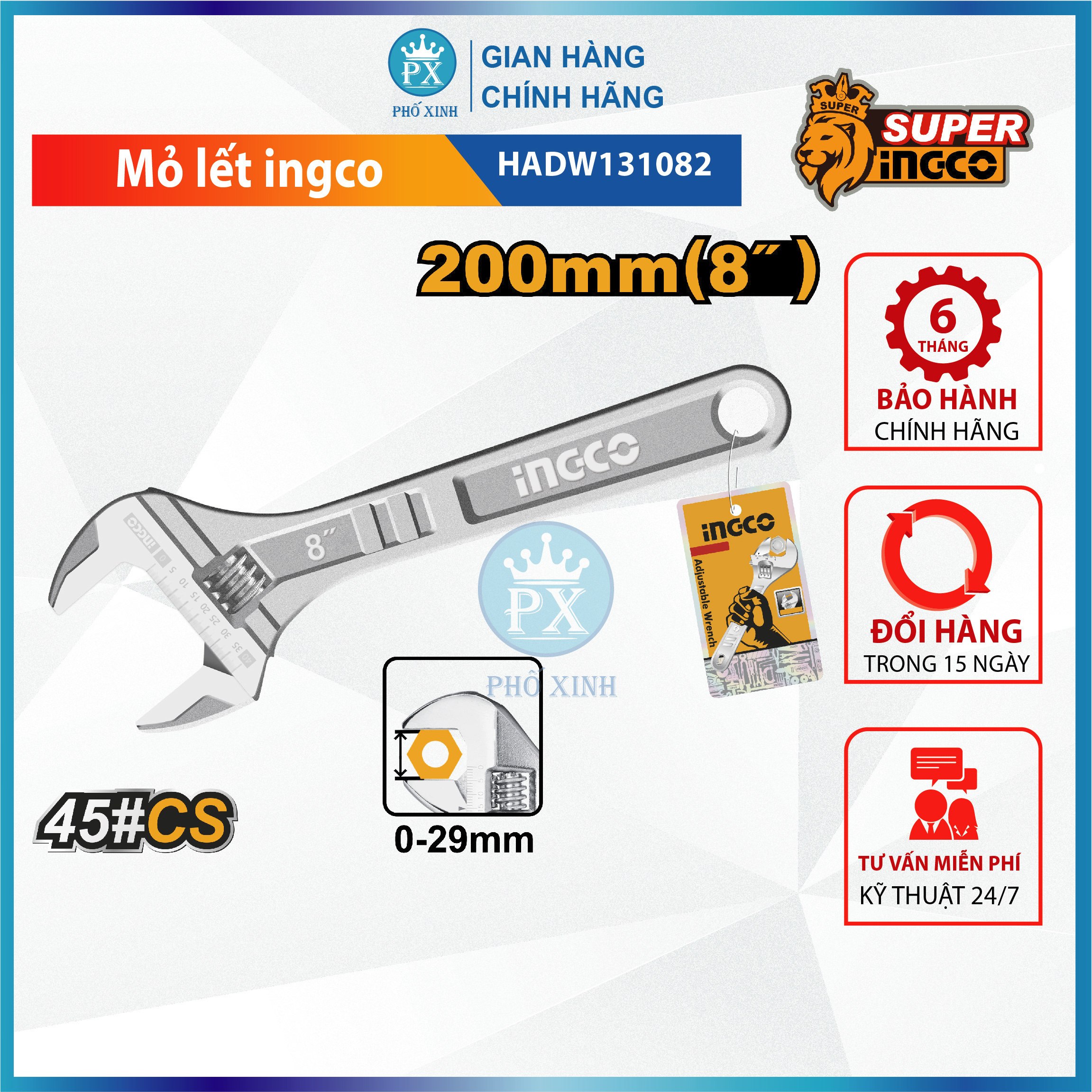 Mỏ lết cầm tay đa năng INGCO HADW131 6&quot; 8&quot; 10&quot; 12&quot; 15” 18”cờ lê thép Cr-V siêu cứng chống rỉ điều chỉnh độ mở sữa chữa tháo mở bulong