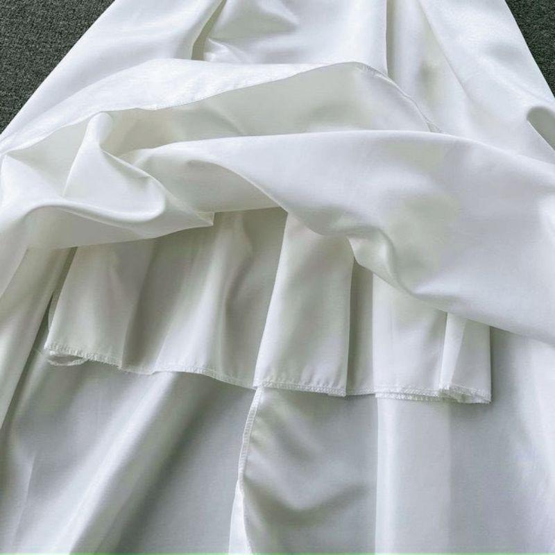 TTL đầm xòe midi trắng nơ ngực trễ vai tiểu thư dự tiệc váy cưới cô dâu có mút nhún xoắn ngực