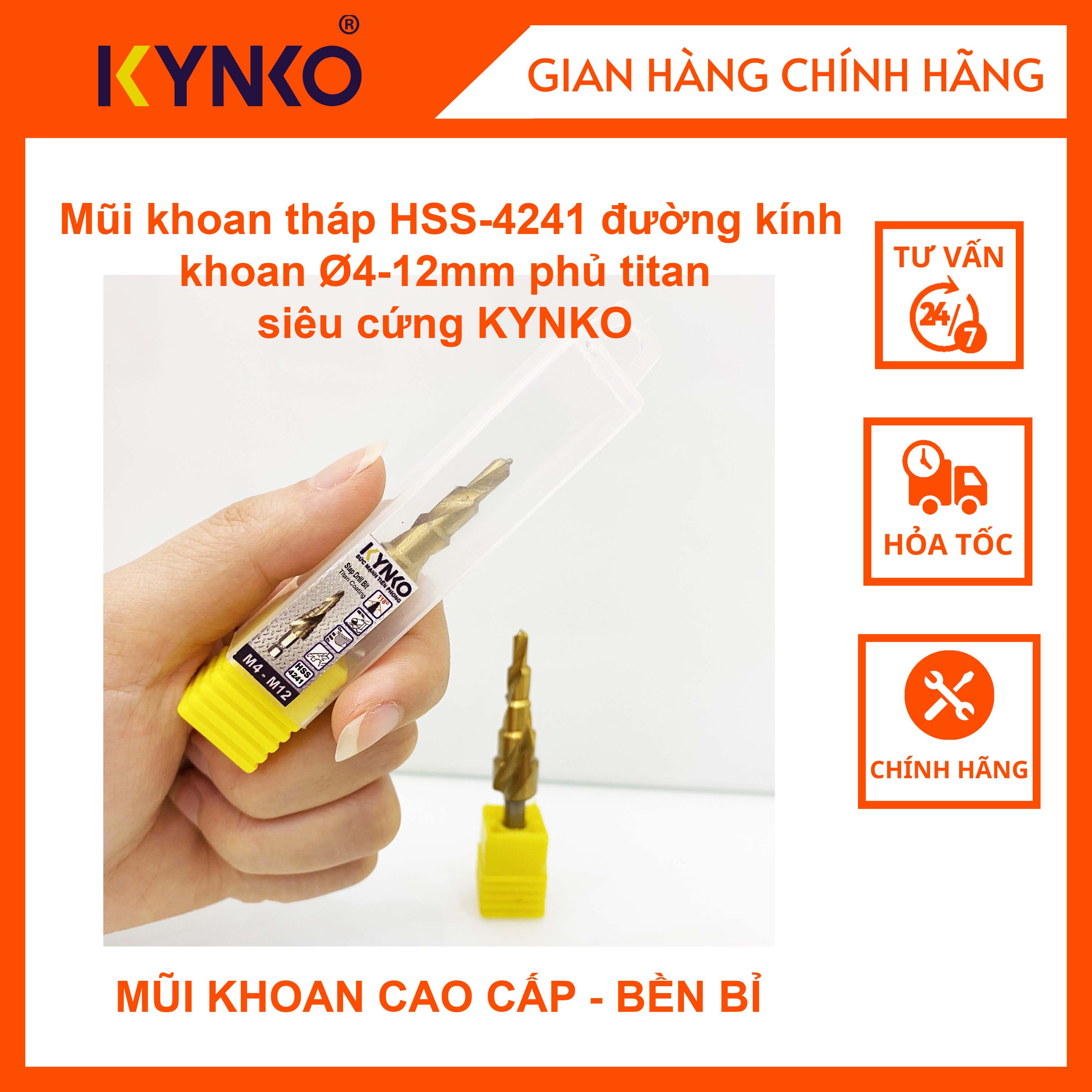 Mũi khoan tháp HSS-4241 đường kính khoan 4-12mm phủ titan siêu cứng KYNKO