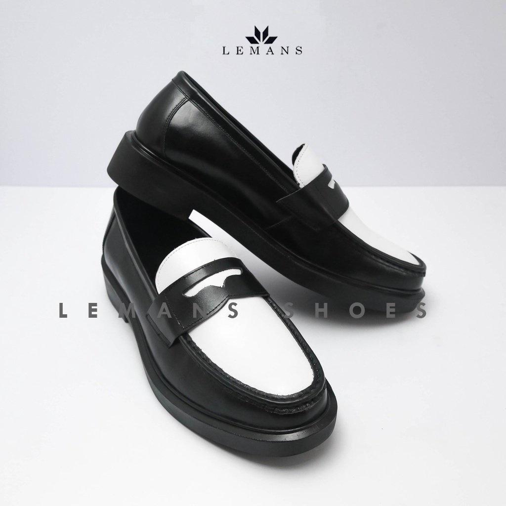 Giày da bò Penny Loafer Black White LEMANS, đế Lemans tăng chiều cao 4cm cho nam, giày lười nam, giầy da, bảo hành 12-24 tháng