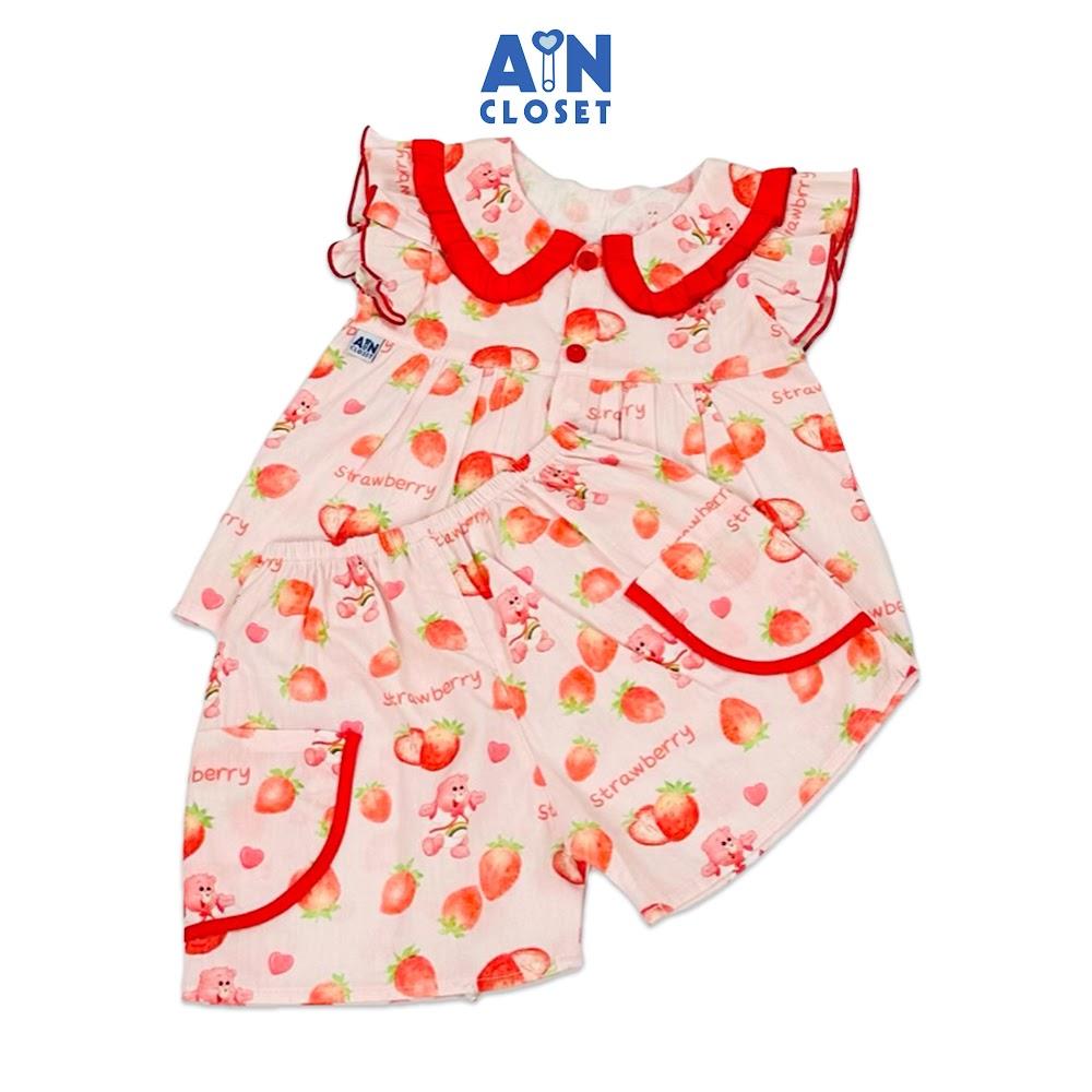 Bộ quần áo Ngắn bé gái họa tiết Dâu Đào Đỏ cotton - AICDBGR7BPQS - AIN Closet