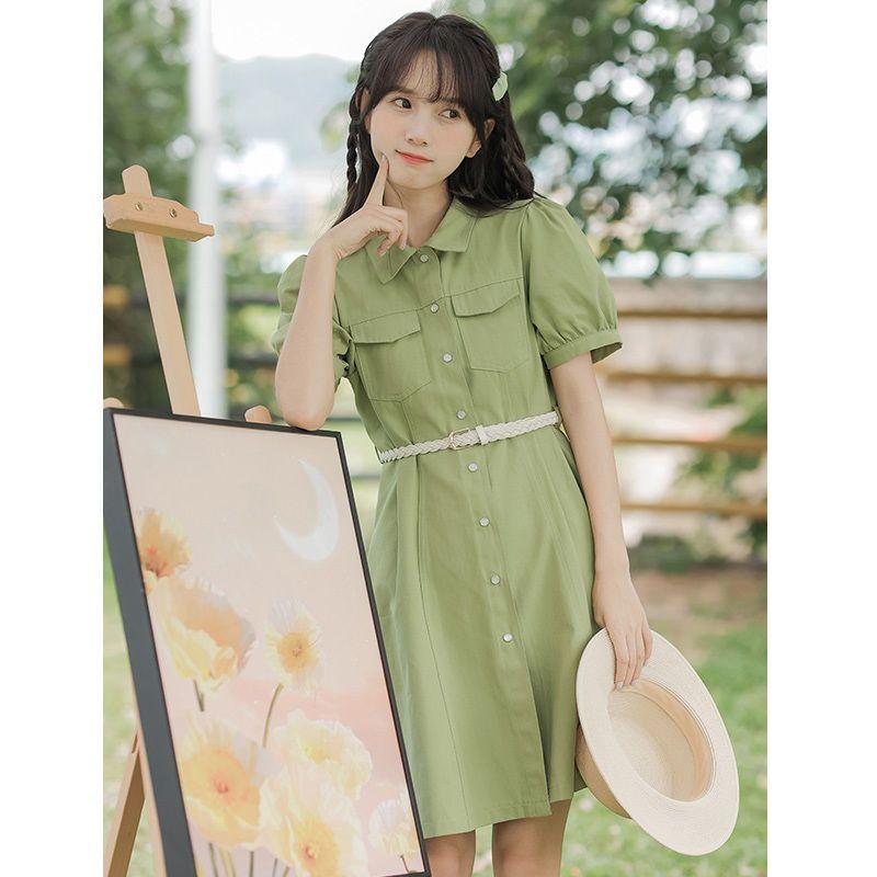 CHENGRUI Tặng thắt lưng, váy ngắn tay, váy ngắn tay, váy mùa hè, váy thắt lưng.