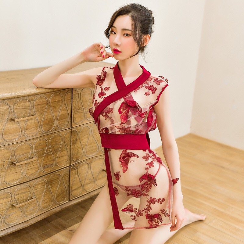 Váy ngủ cosplay sườn xám cao cấp Q401 - Đồ ngủ cosplay kimono sexy - Đầm ngủ sườn xám xuyên thấu