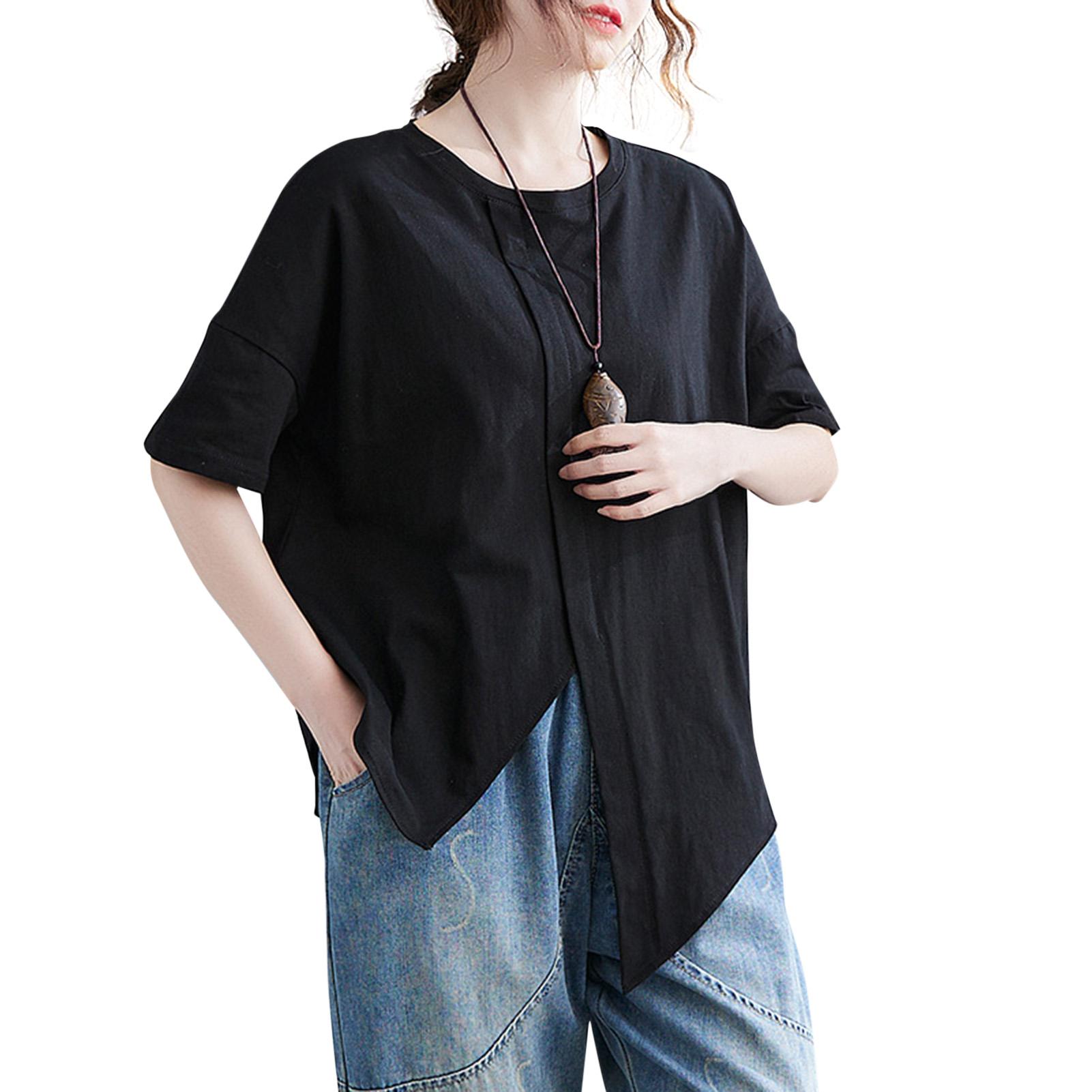 Fashion Women Solid Color T-shirt O Neck Short Sleeve Splicing Irregular Hem Loose Casual Shirt Top