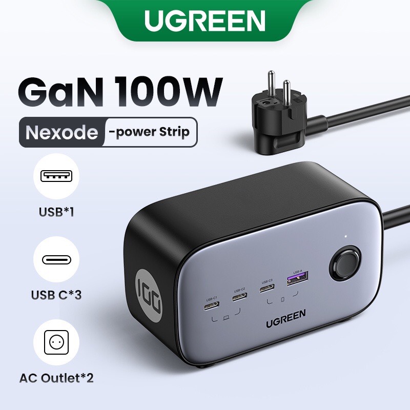 Hình ảnh Sạc điện thoại đa năng DigiNest 3 cổng USB-C và 1 USB hỗ trợ GaN 100W màu đen kèm 2 ổ nguồn AC 220V Ugreen (60167). hàng chính hãng