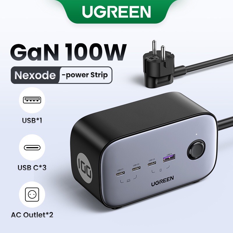 Sạc điện thoại đa năng DigiNest 3 cổng USB-C và 1 USB hỗ trợ GaN 100W màu đen kèm 2 ổ nguồn AC 220V Ugreen . hàng chính hãng