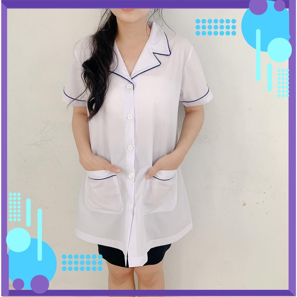 Áo Blouse Trắng Dược Sĩ, Y Tá, Nhà Thuốc Ngắn Tay Viền Lé Bích Cao Cấp
