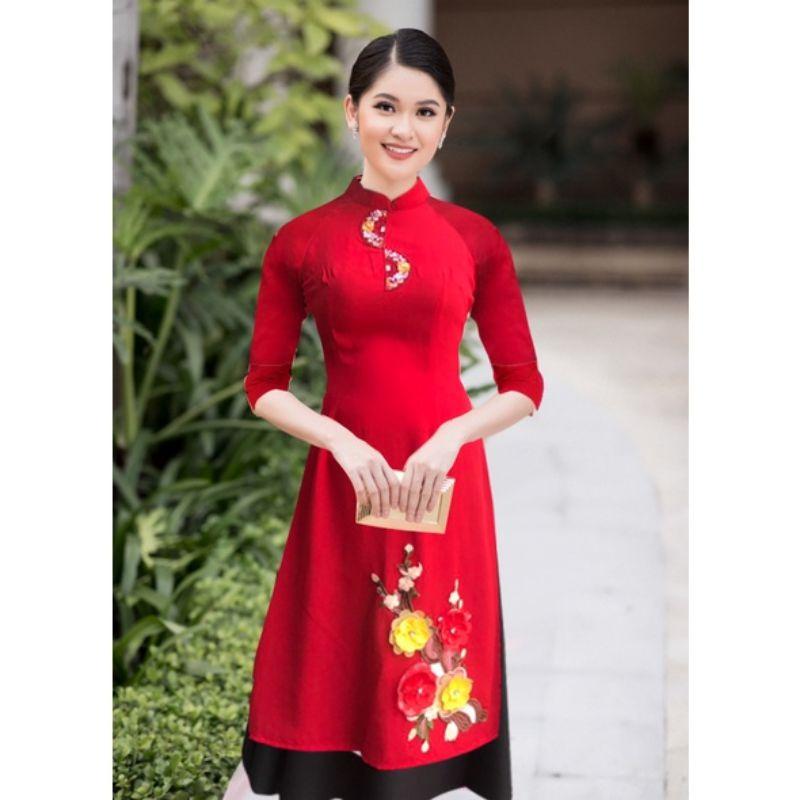 SET ÁO DÀI CÁCH TÂN ĐỎ KẾT HOA VẢI