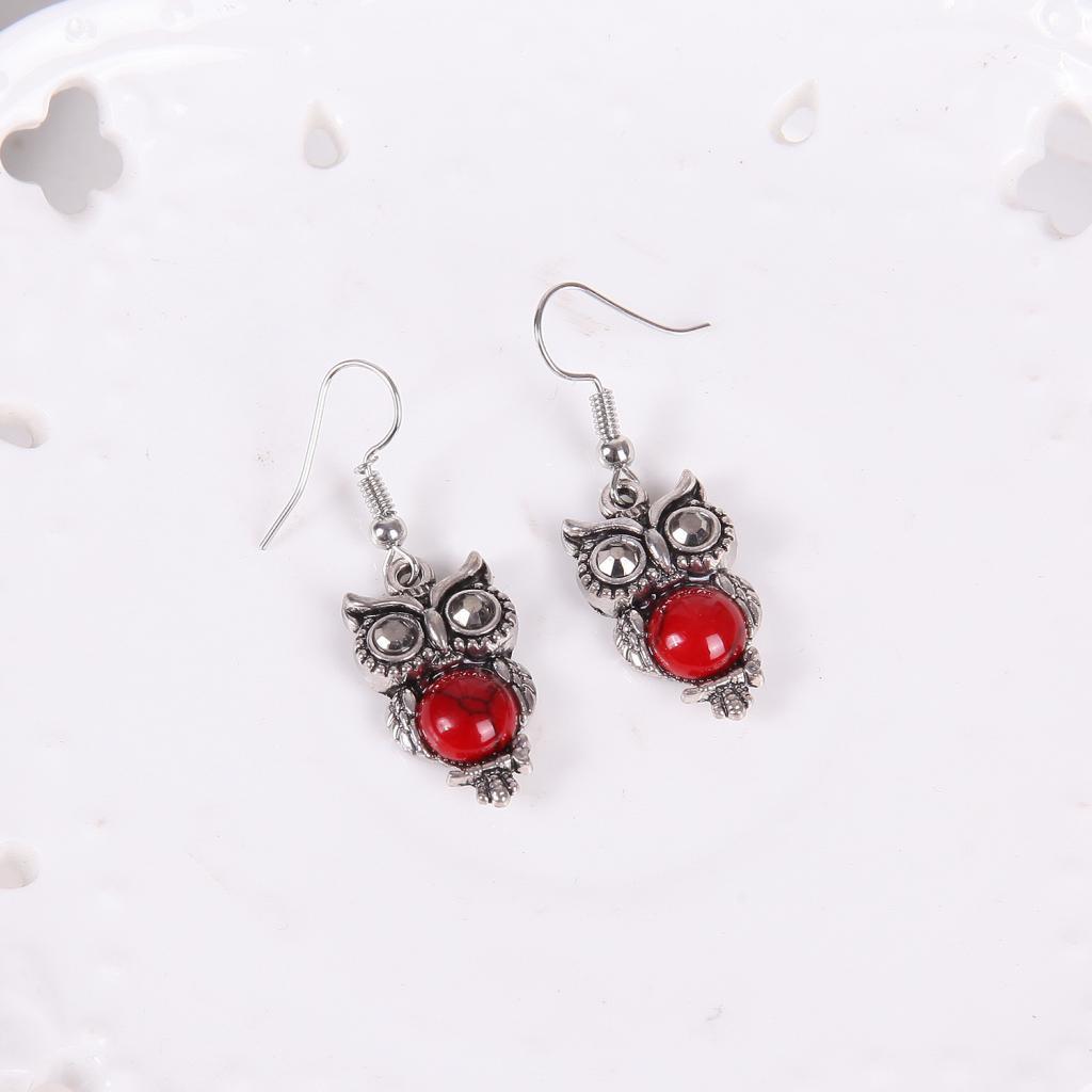 Pendant Necklace Earrings Bracelet Jewelry Set - Owl Red