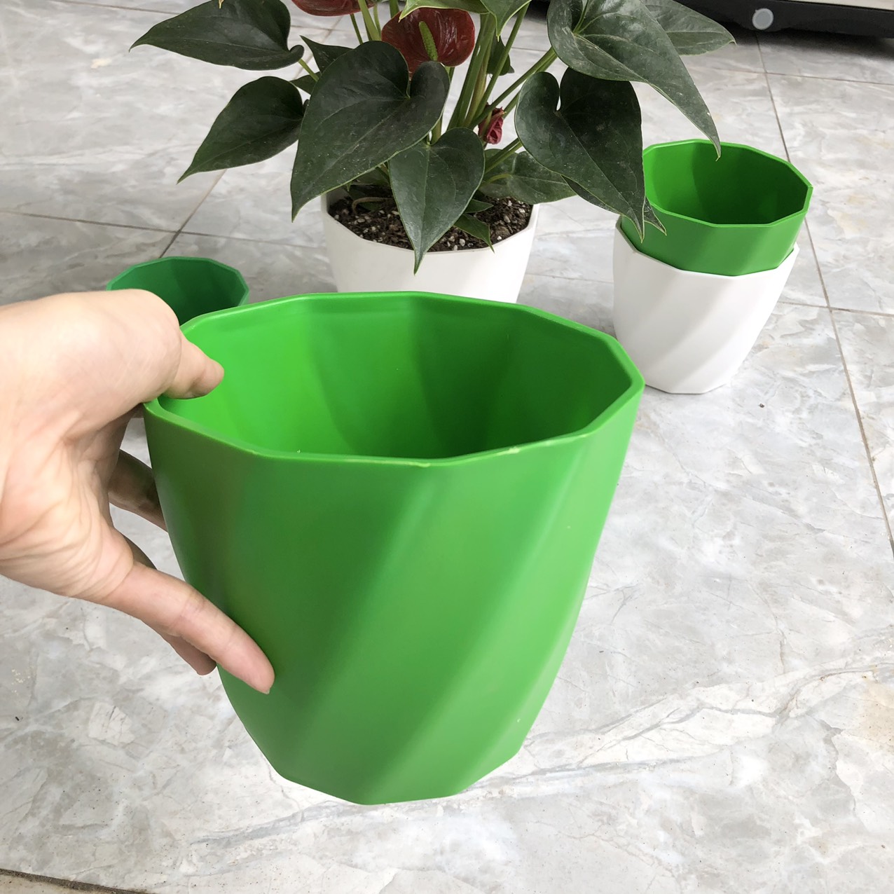 Chậu nhựa trắng cao cấp - Chậu loại dày - Chậu xoắn mini trồng cây trang trí