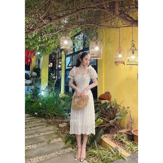 Đầm maxi cổ vuông vai bèo dây cột nơ chéo ngực tiểu thư nhiều màu