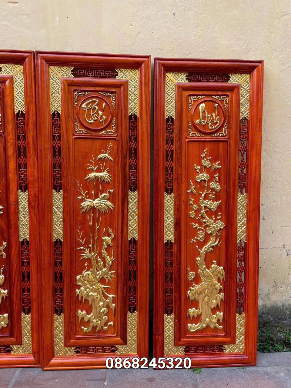 Tranh tứ quý bốn mua trong năm ,xuân ,hạ ,thu ,đông ,bằng gỗ hương đỏ sơn pu dát vàng cao cấp kt 37×107×3cm
