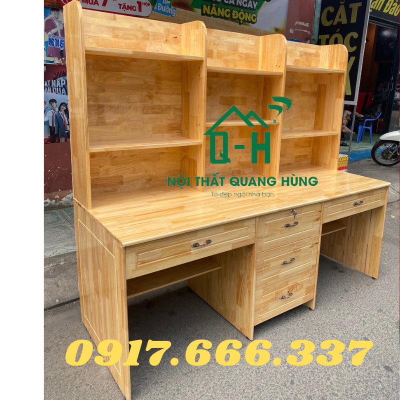 BÀN  HỌC SINH ĐÔI GỖ THÔNG MÀU VÀNG DÀNH CHO BÉ 1M95X1M7X70CM