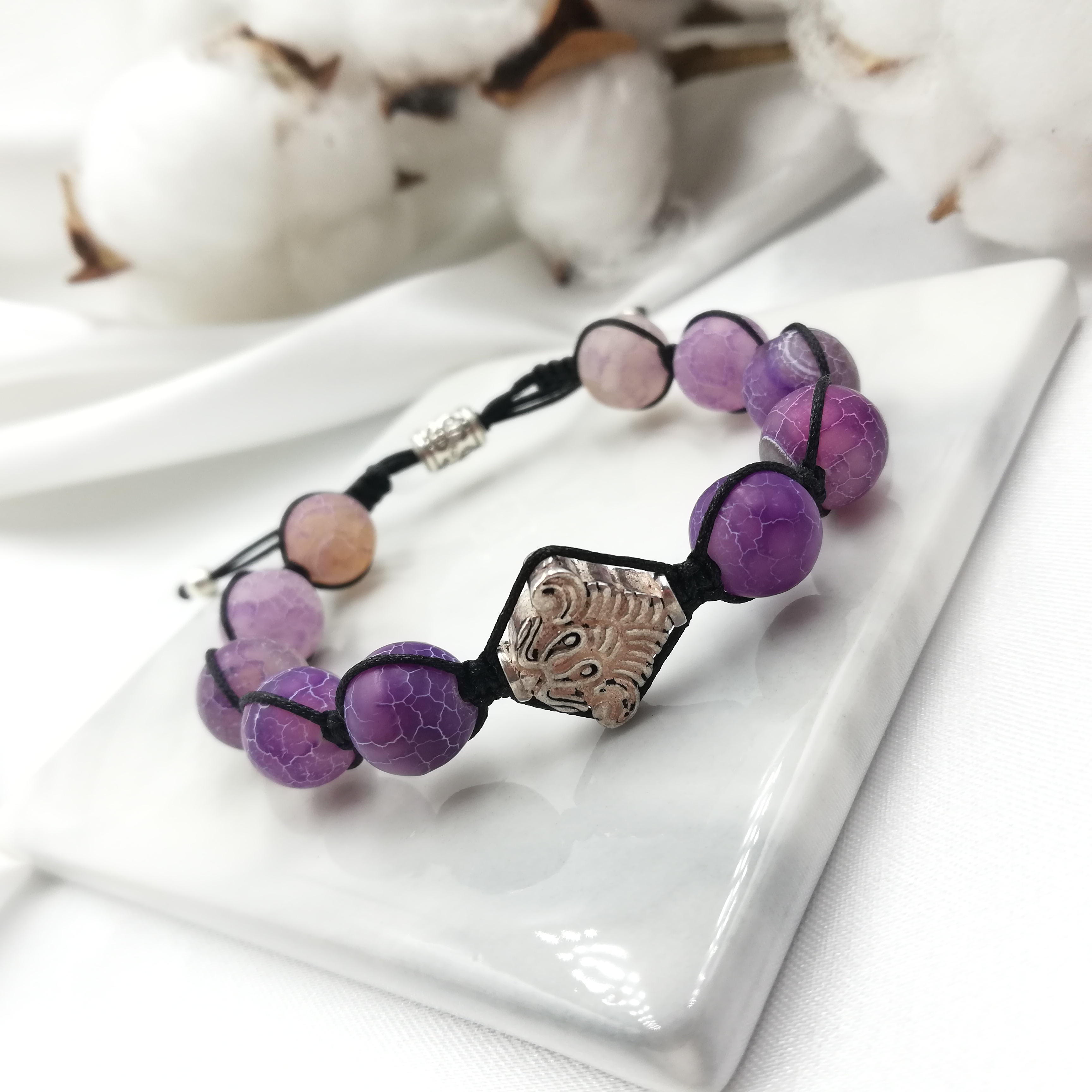 Vòng Tay Thắt Dây Mã Não Tím Vân Rắn Mix Charm Bạc 925