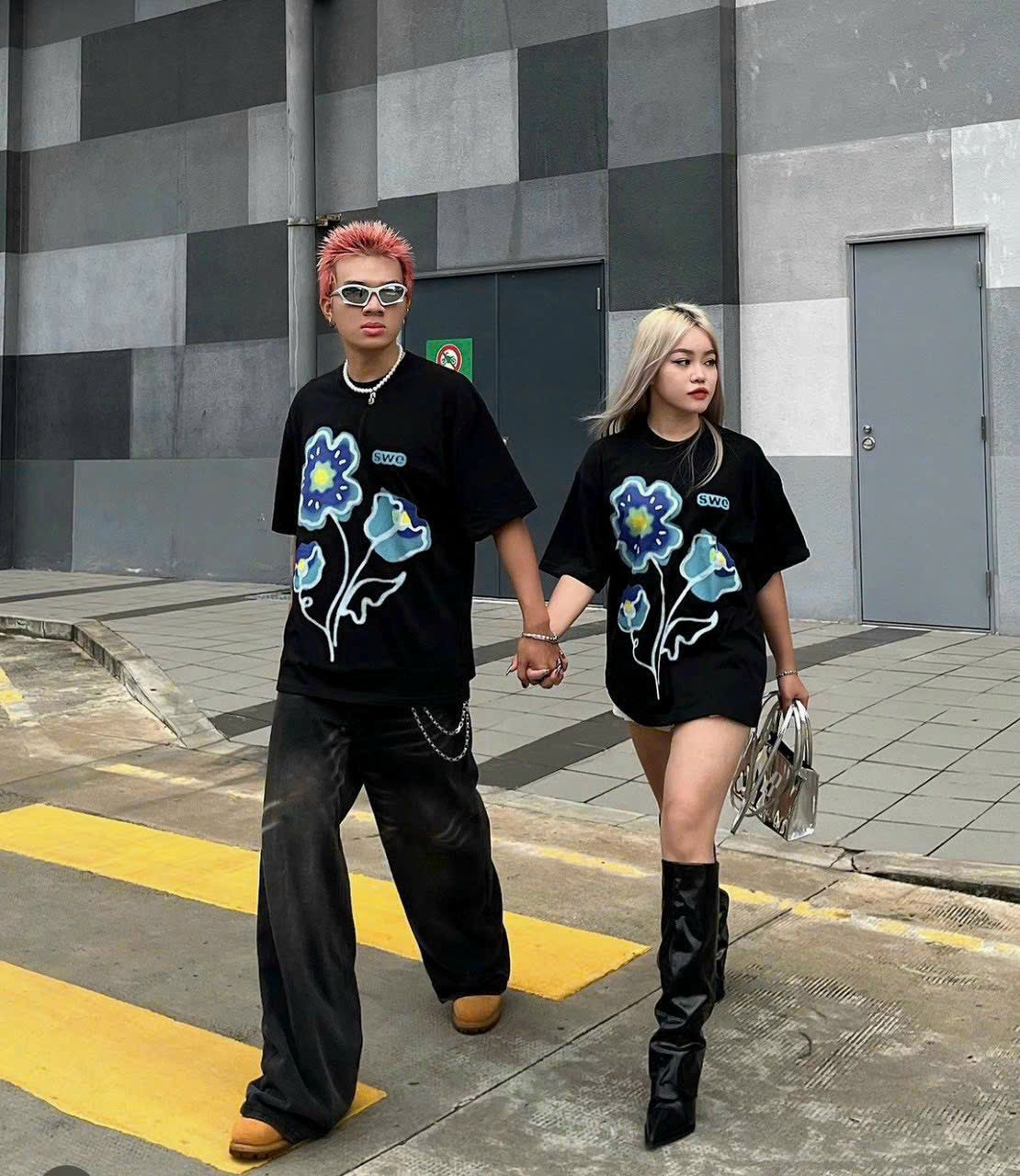 Áo Thun Unisex Tay Lỡ In Bông Hoa - Nam Nữ Couple - Áo Phông Chất Cotton Dày Mịn