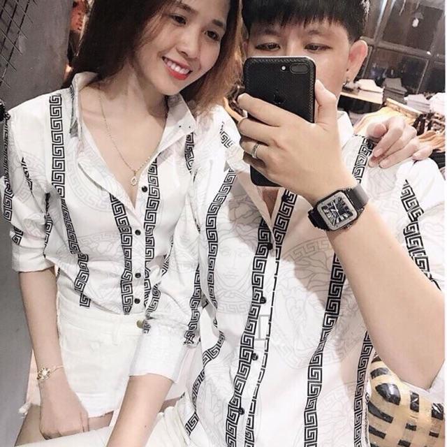 Áo sơ mi cặp thời trang nam nữ sọc đứng họa tiết Verce