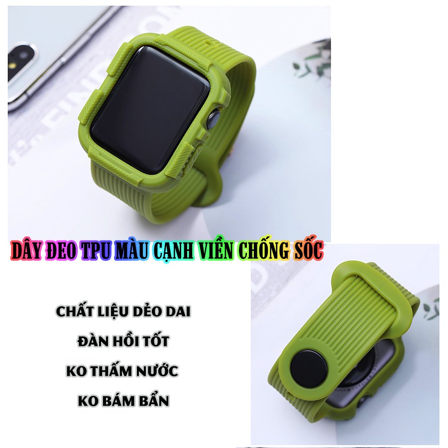 Dây Đeo liền ốp dành cho Apple Watch size 38/40/42/44mm TPU màu cạnh viền chống sốc - Xanh bơ (tặng dán KCL theo size)