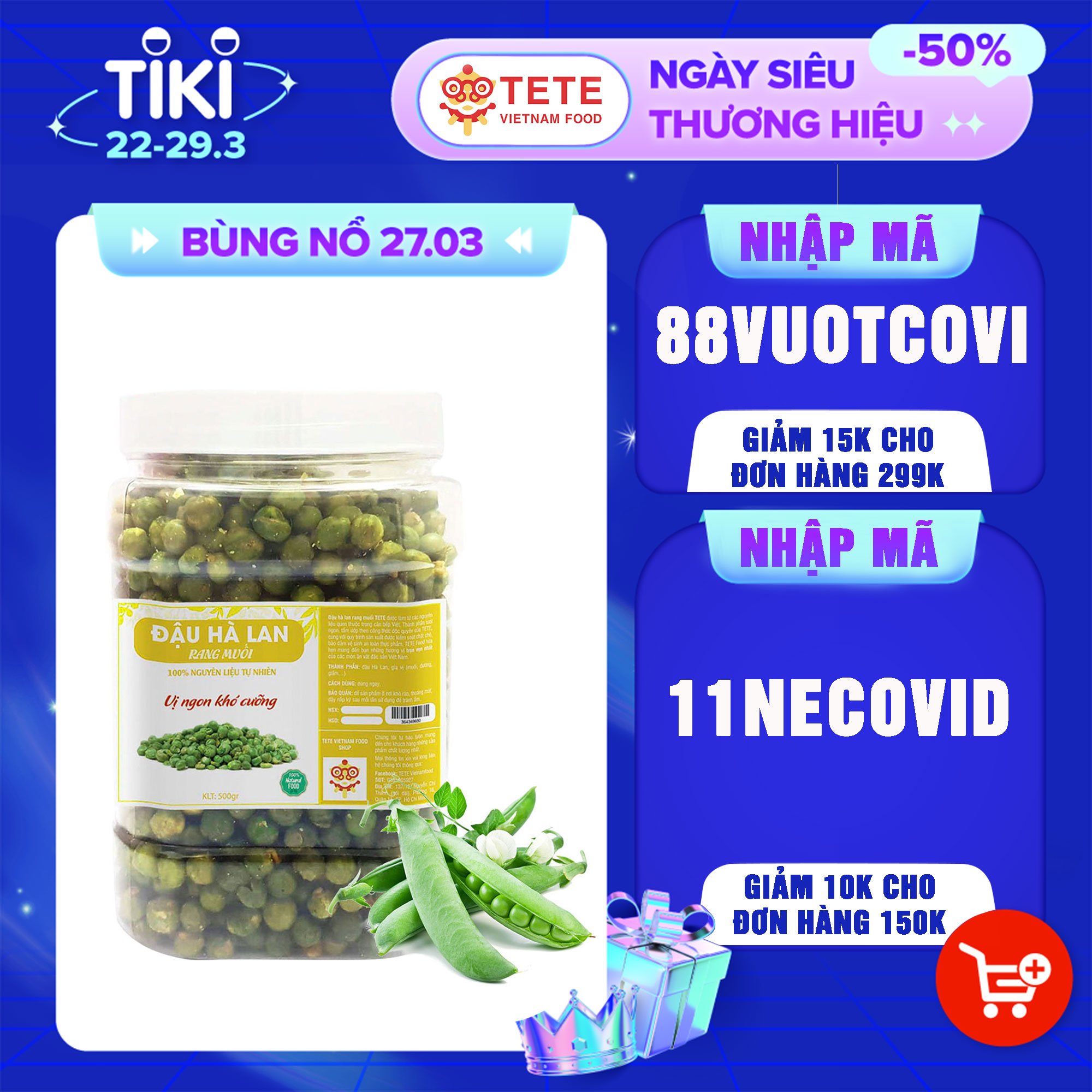 500gram Đậu Hà Lan Rang Muối Vị Nhẹ TeTe Food