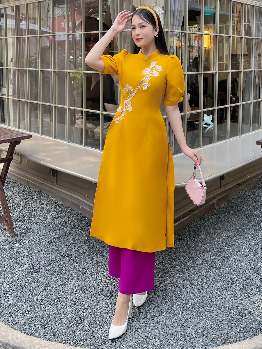 Áo dài cách tân gắn cây hoa 3D siêu dễ thương AD036 - Khánh Linh Style - Lady Fashion
