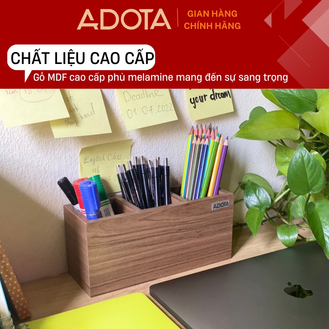 Combo hộp cắm bút đơn và hộp cắm bút 3 ngăn để bàn decor bàn làm việc phong cách hiện đại sang trong gỗ MDF siêu bền ADOTA