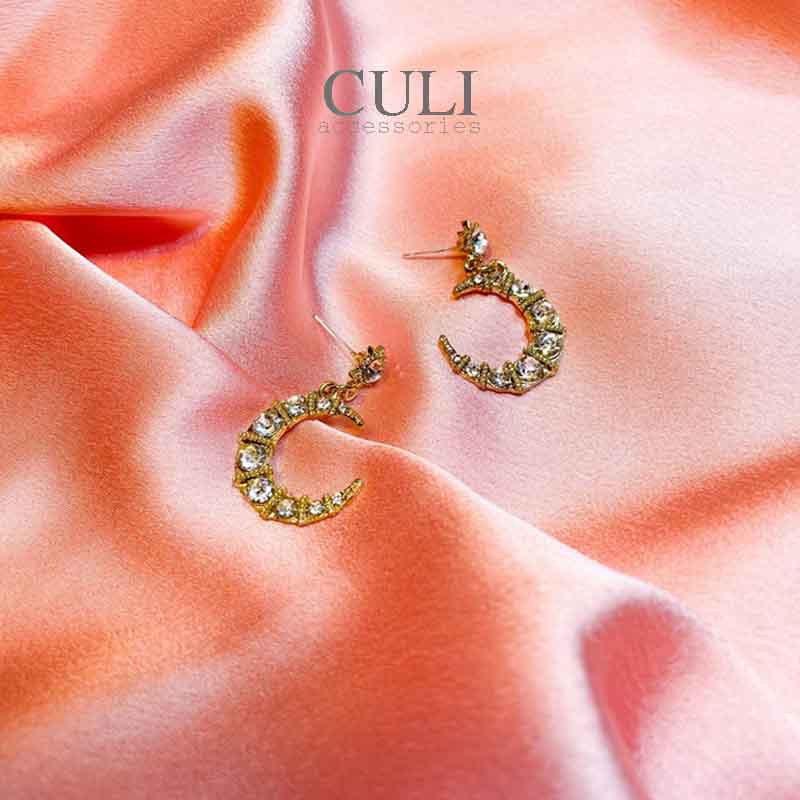Bông tai, Khuyên tai dáng dài hình trăng khuyết kết đá sang trọng HT669 - Culi accessories