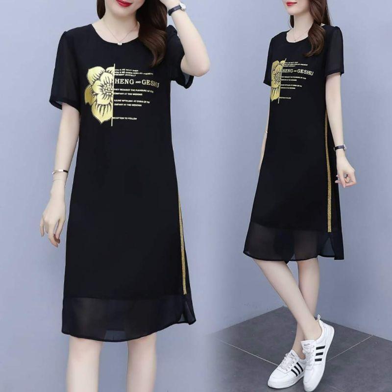 HÀNG NHẬP - ĐẦM SUÔNG THUN PHỐI VOAN IN CHỮ VÀ HOA