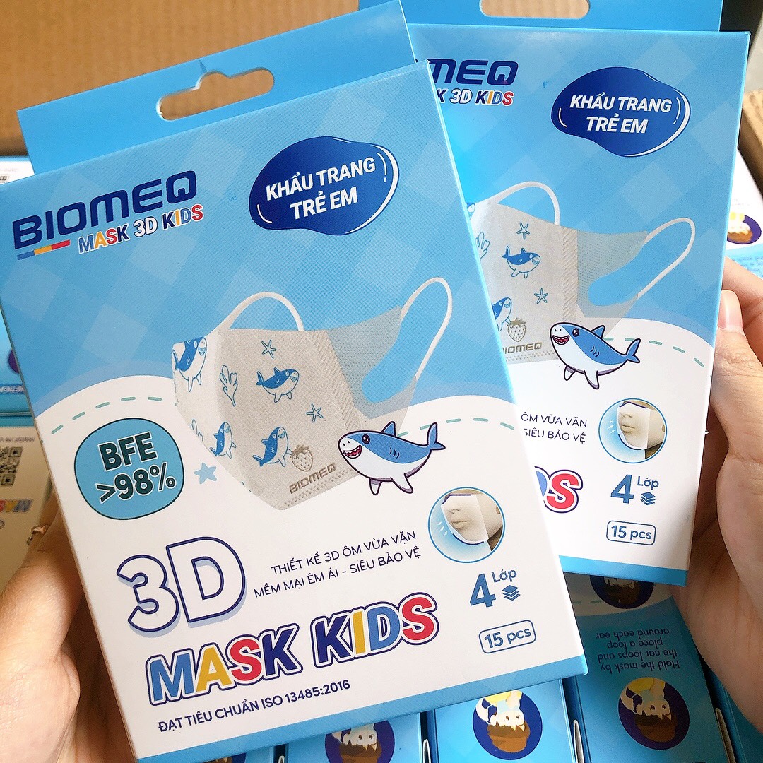 Hộp 15 chiếc khẩu trang trẻ em 3D - BIOMEQ MASK 3D KIDS 2 lớp kháng khuẩn siêu an toàn cho làn da của bé