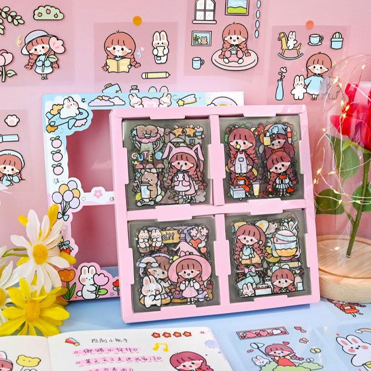 Set 100 sticker cute trang trí sổ tay cô gái 7,5cm x 7,5cm PET chống nước ST32