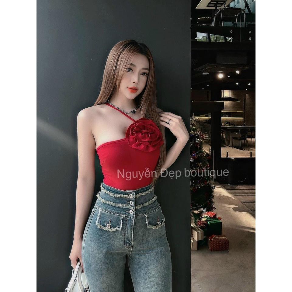 ÁO CROPTOP ÔM BODY ĐÍNH HOA HỒNG DÂY CHÉO CỰC SEXY VÀ SANG TRỌNG