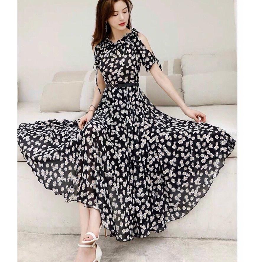 Đầm Xoè Hoa Cúc Hở Vai, Cổ Phối Bèo Thanh Lịch