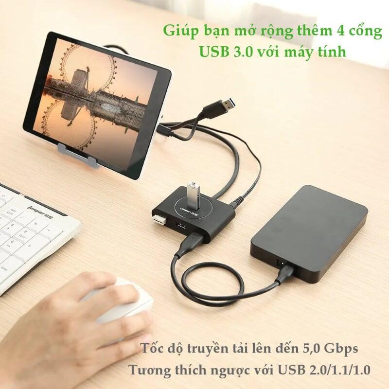 Ugreen UG20292CR113TK 80CM màu Đen Bộ chia HUB USB 3.0 sang 4 USB 3.0 hỗ trợ OTG - HÀNG CHÍNH HÃNG