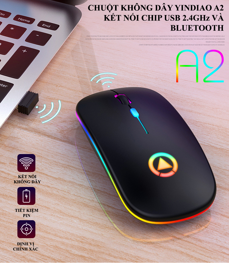 Chuột Không Dây YINDIAO A2 kết nối BLUETOOTH và chip USB 2.4GHz có đèn led 7 màu với nút nhấn không ồn - Hàng Chính Hãng