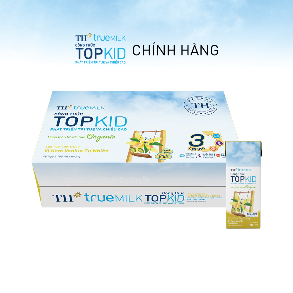 Thùng 48 hộp sữa tươi tiệt trùng TH true MILK TOPKID Organic vị kem vanilla tự nhiên 180 ml (180 ml x 48)