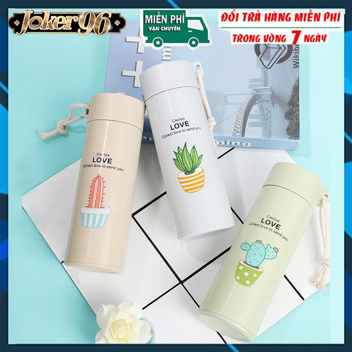 Bình giữ nhiệt in hình xương rồng 450ml lõi thủy tinh bọc và nhựa lúa mạch có dây sách tiện dụng