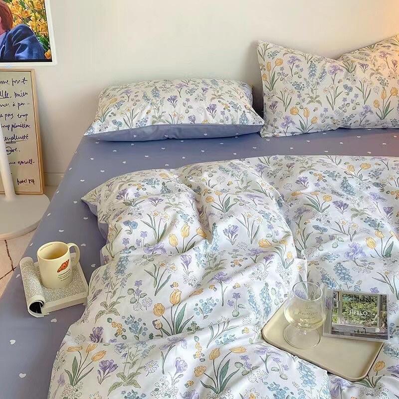 Set Cotton Living Hàn Quốc Hàng Nhập Khẩu Cao Cấp 4 Món Hoa Tím Vintage