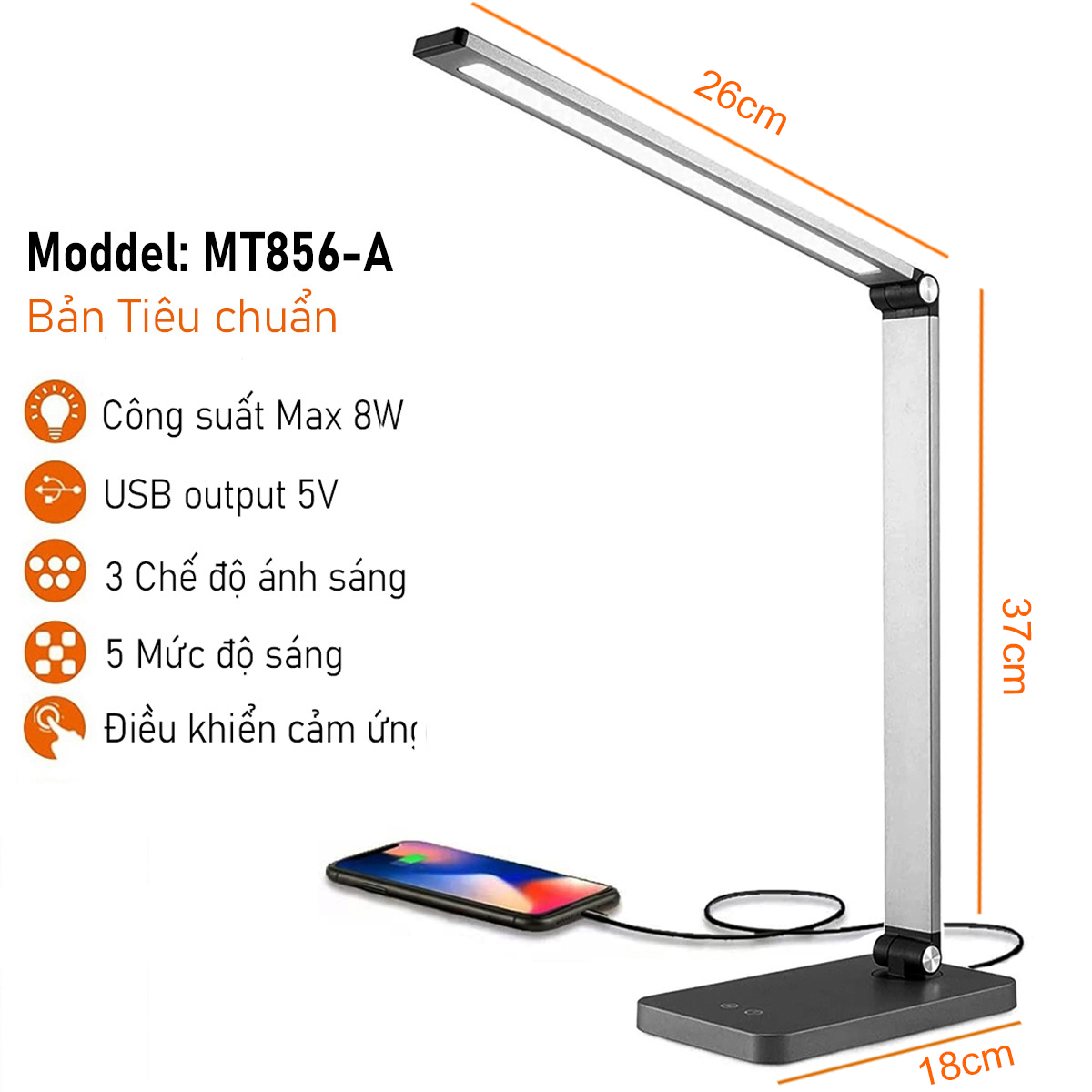 Đèn học đọc sách để bàn 5 chế độ ánh sáng LED 8W, Cổng sạc USB 5V 1.5A, Điều chỉnh cảm ứng