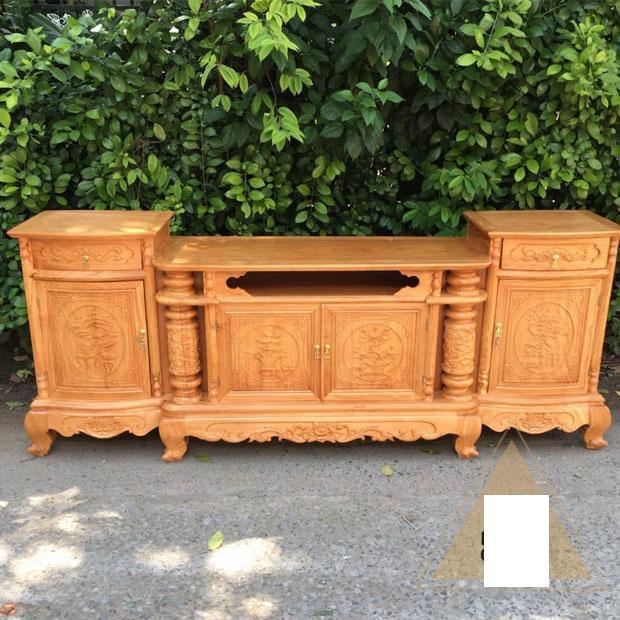 Kệ tivi gỗ gõ đỏ mẫu cột nho chạm 2m tùng cúc trúc mai Nội Thất