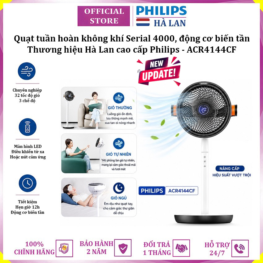 Quạt tuần hoàn không khí động cơ biến tần 32 tốc độ gió thương hiệu Hà Lan Philips ACR4144CF Serial 4000 - Hàng chính hãng