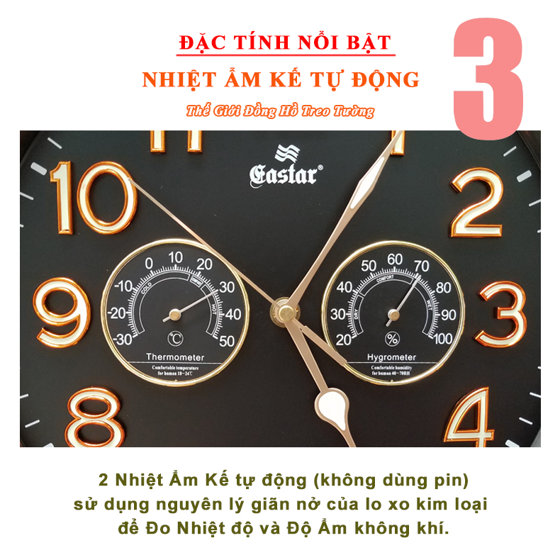 Đồng Hồ Treo Tường Cao Cấp EASTAR KIM TRÔI Tròn Có DẠ QUANG - ĐH Đo NHIỆT ĐỘ Và ĐỘ ẨM - Số Nổi 3D - Tặng Pin Maxell - BH 1 Năm