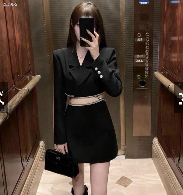 ĐẦM SET ÁO CROPTOP BLAZER / VEST ĐEN DÂY BUỘC EO CƯỜM NHŨ KIM TUYẾN CỔ SƠ MI+ CHÂN VÁY NGẮN MINI ĐI TIỆC ĐI CHƠI DẠO PHỐ