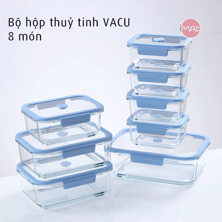 Bộ hộp thuỷ tinh chân không Neoflam VACU 8 món không bơm – Dùng lò vi sóng, lò nướng, tủ lạnh, an toàn sức khỏe