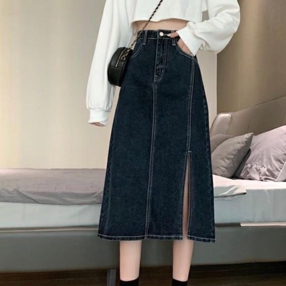 Chân Váy Xẻ Gấu Hai Màu Xanh Đen Phong Cách Đơn Giản