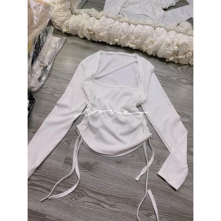 Áo kiểu cổ vuông tay dài 1 dây chéo ngực vạt bầu rút dây 2 bên cực hot , chất thun gân dày dặn - AO90