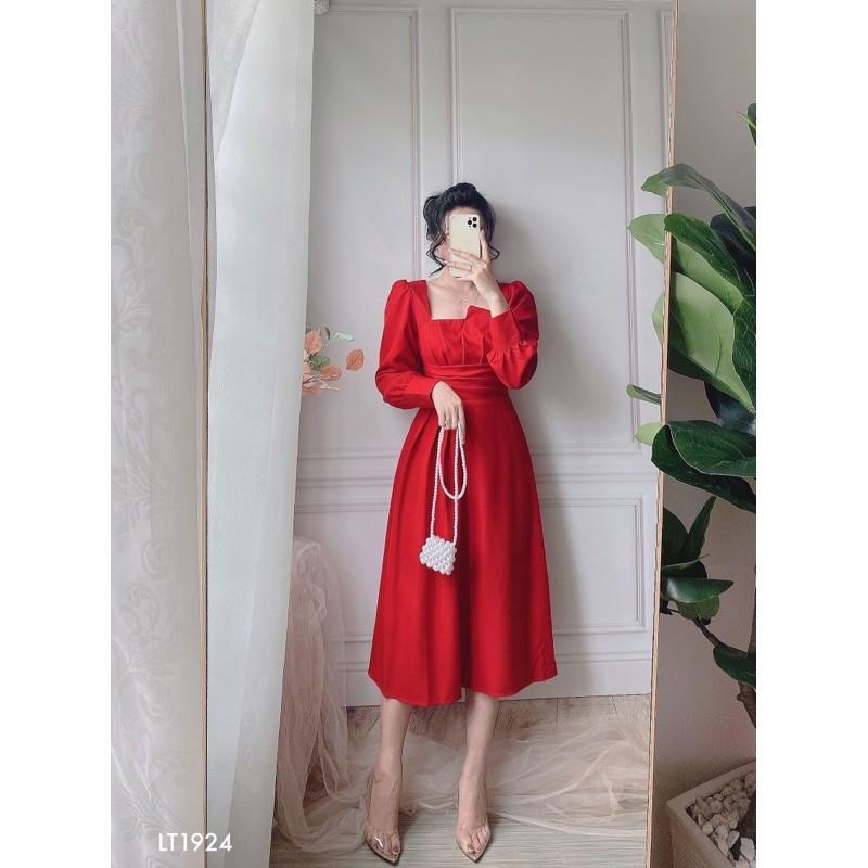 Đầm Midi Xếp Li Ngực Tay Bồng