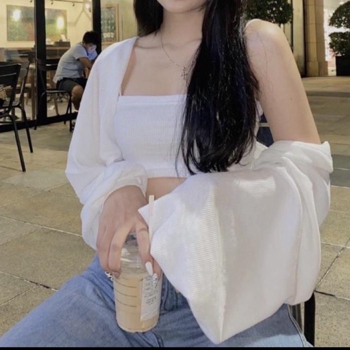 Set Quây Cardigan Thun Tăm Nữ  Nana's House - FREESHIP  Bộ áo croptop dáng ôm body kèm áo khoác ngoài tay bồng cá tính